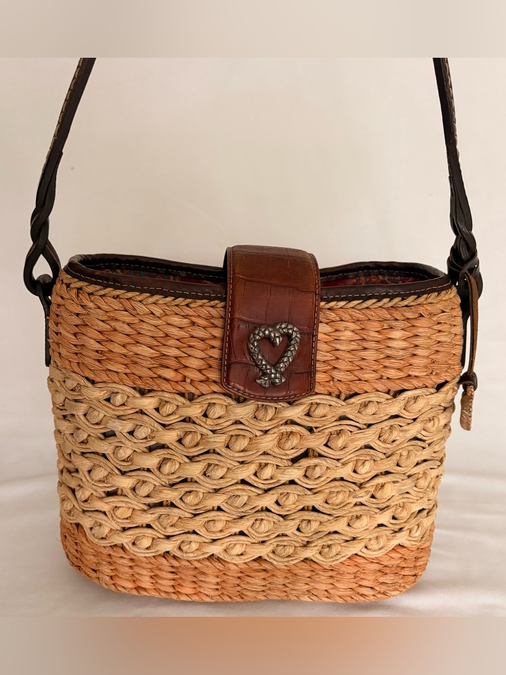 Brighton Brown Woven Straw Shoulder Bag with Leather Trim